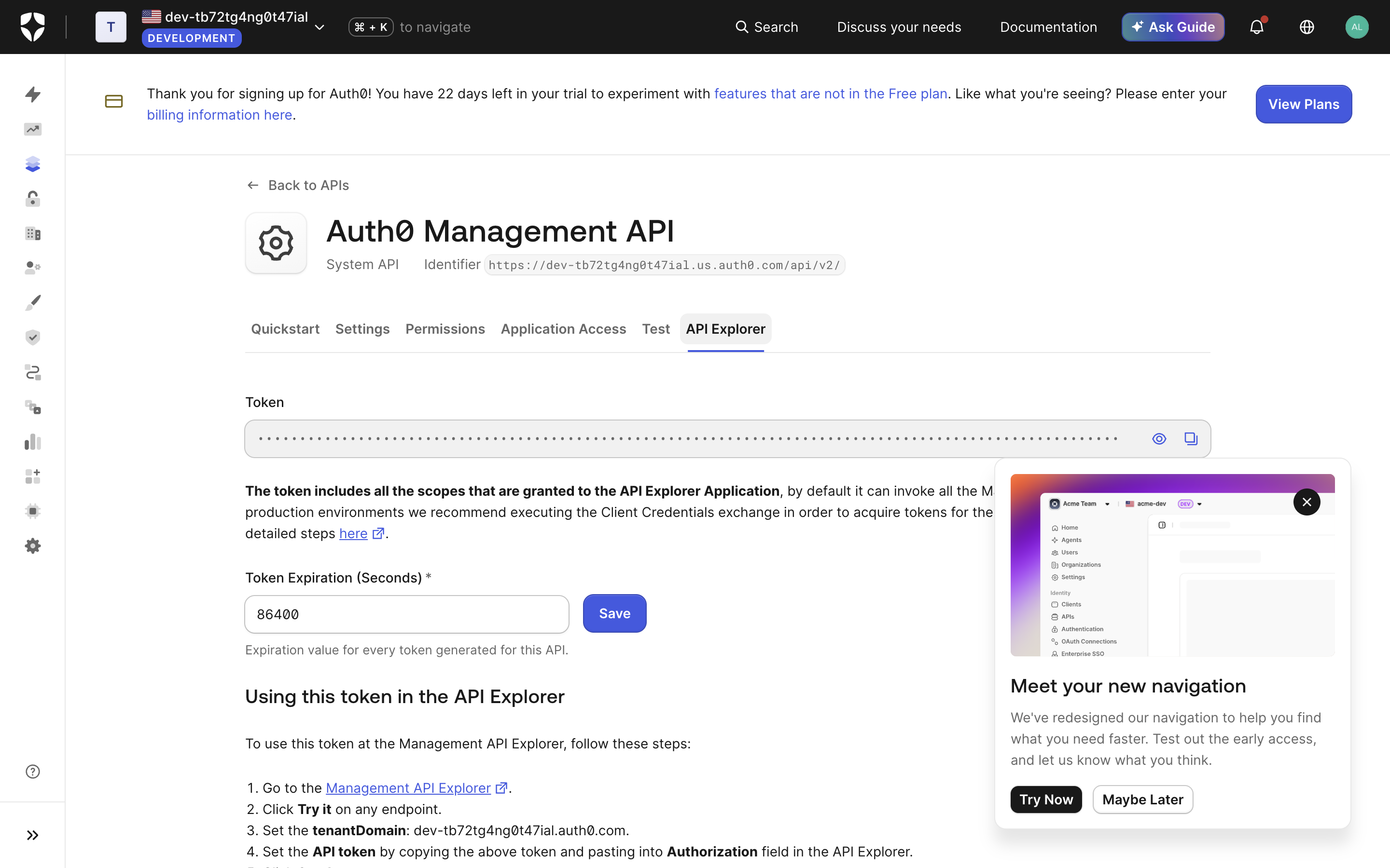 API Explorer token