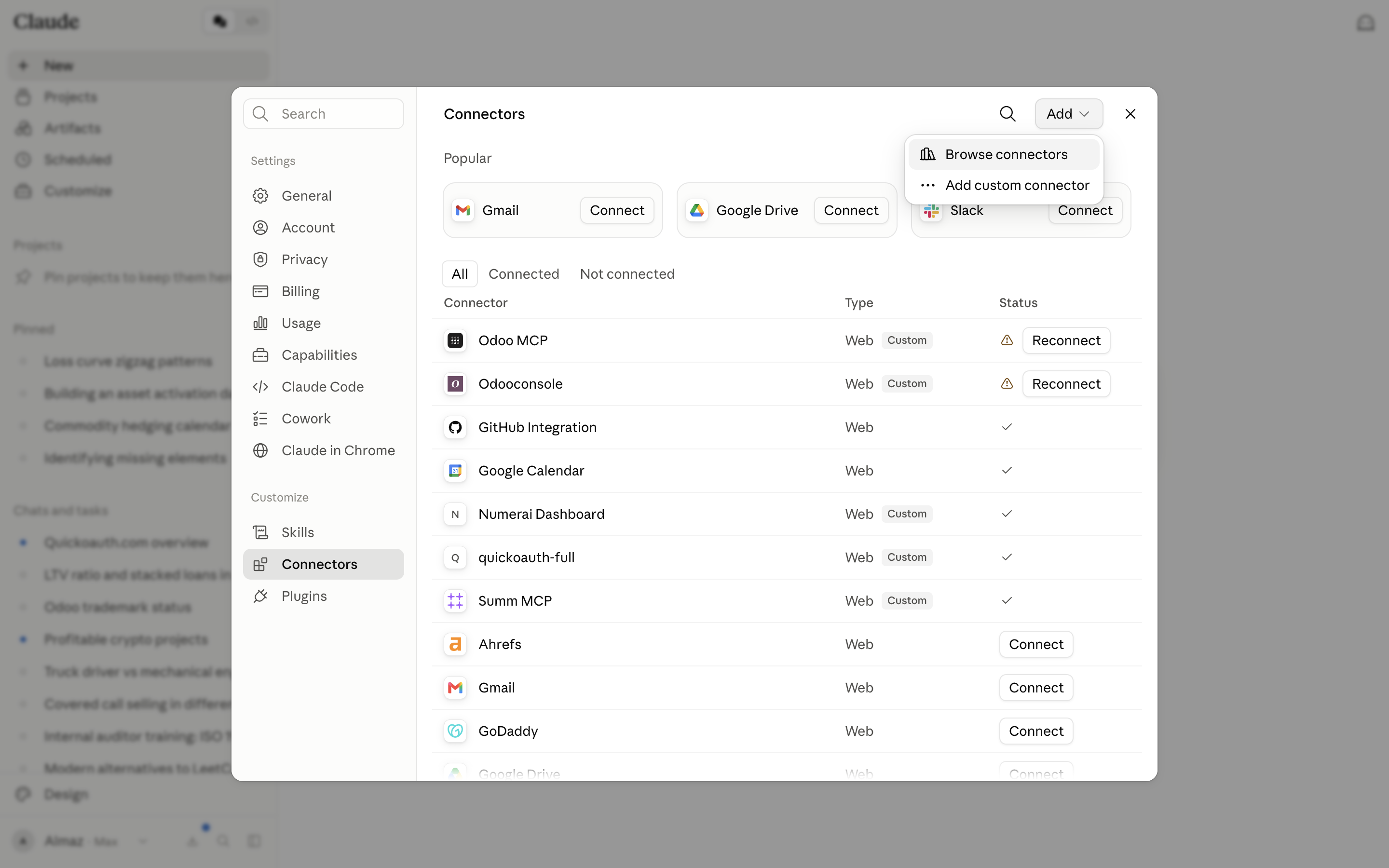 The Add dropdown showing Browse connectors and Add custom connector