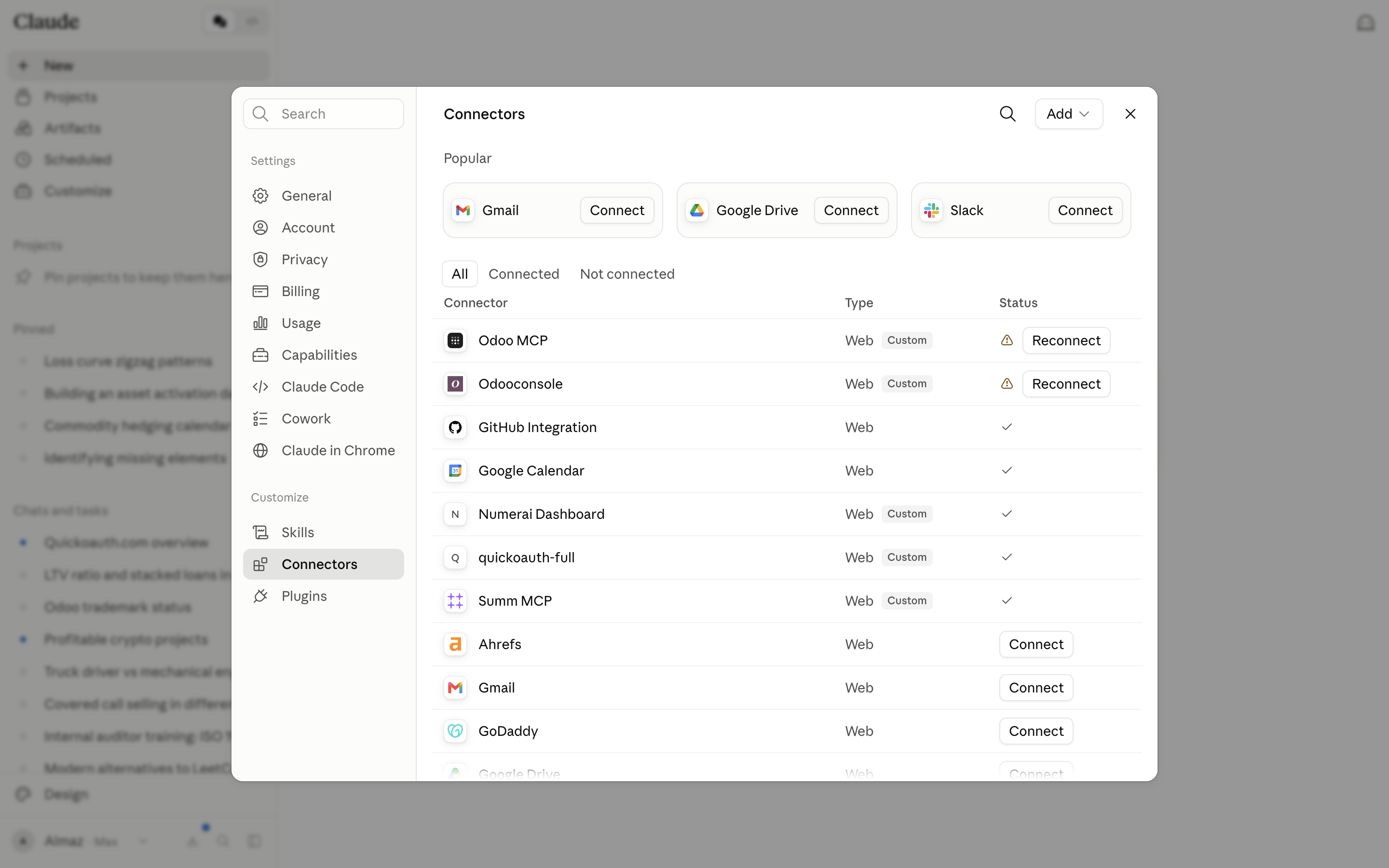 The Customize → Connectors list with custom MCP servers