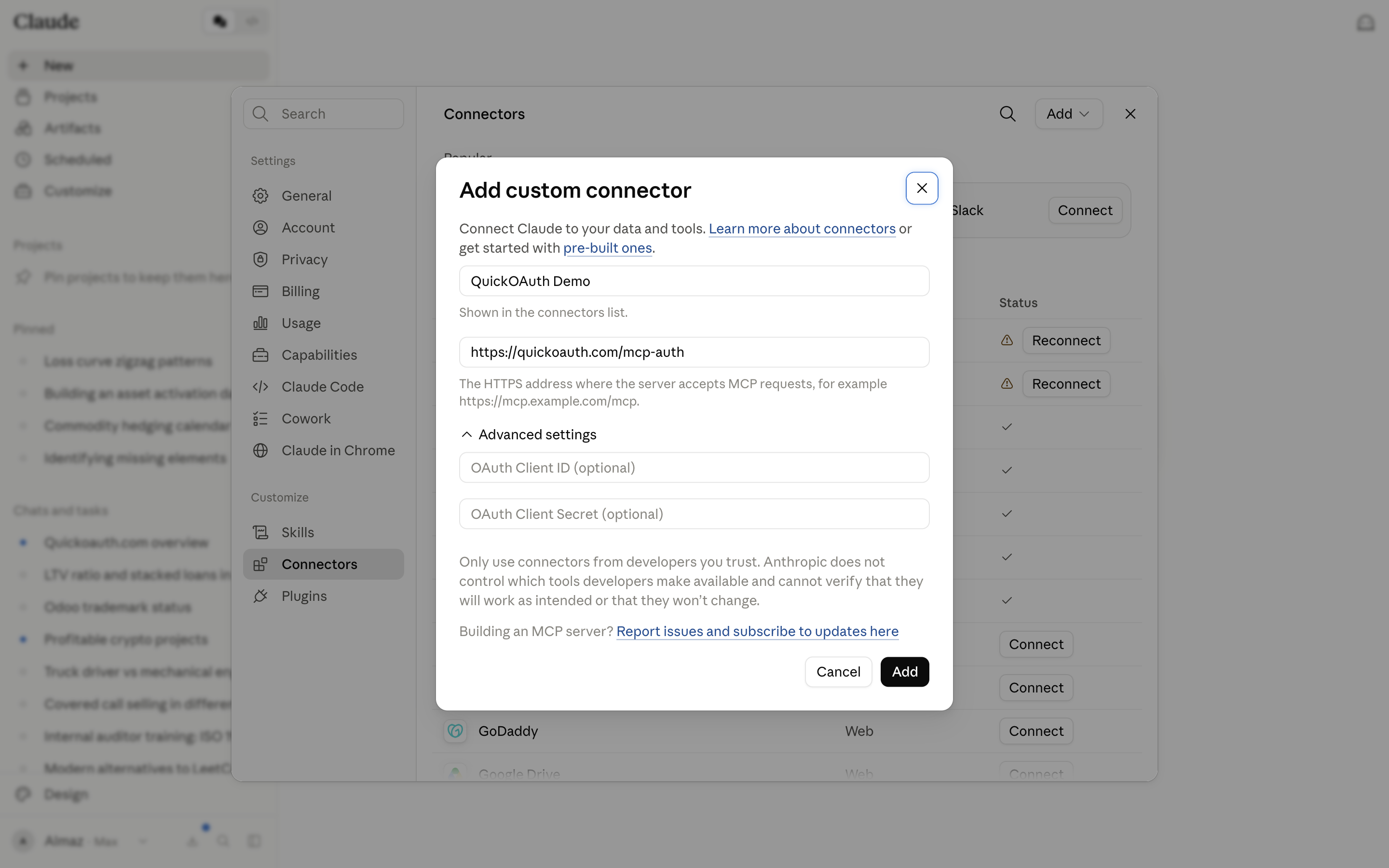 The dialog filled with the QuickOAuth demo endpoint