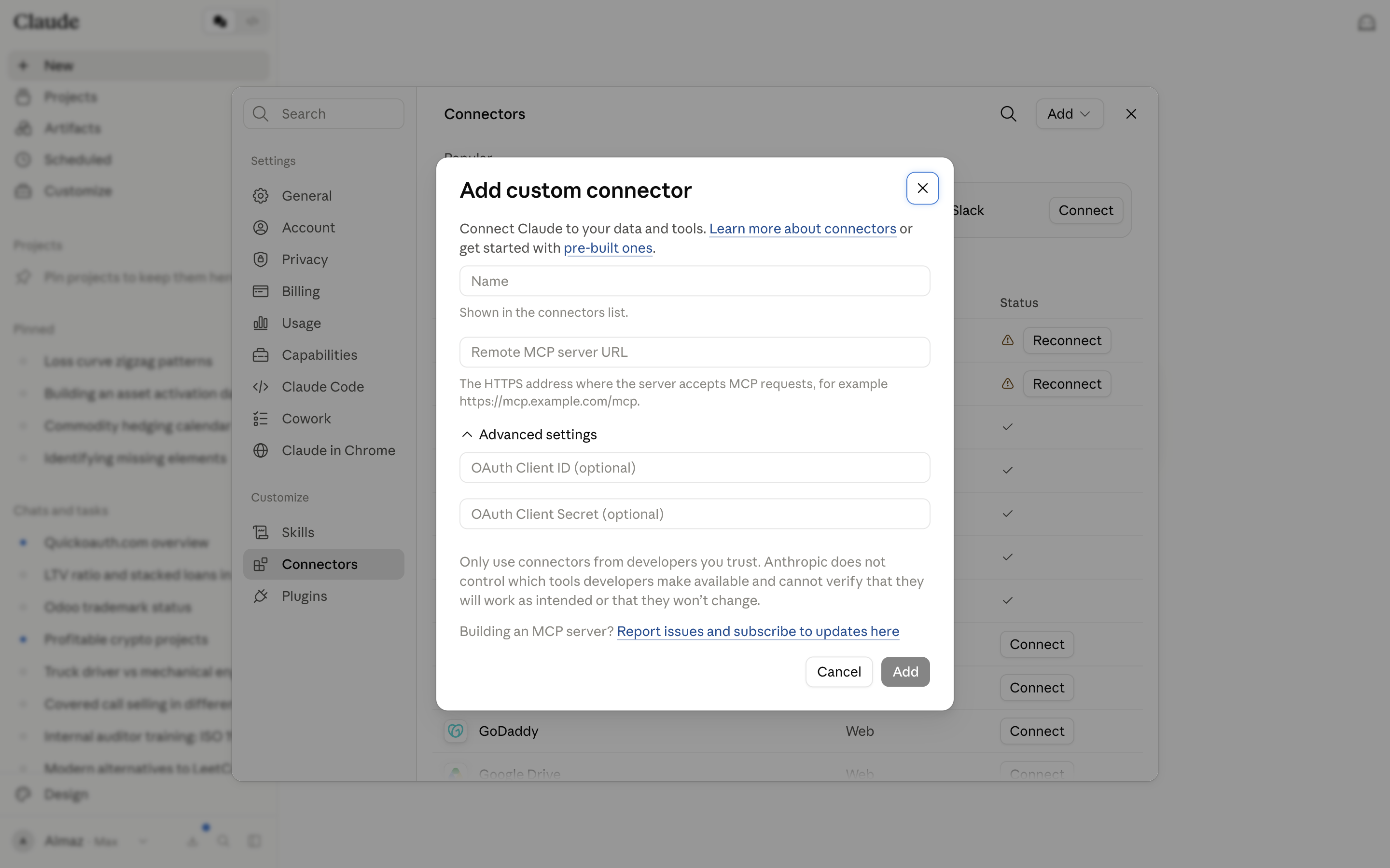 The Add custom connector dialog with Name, URL, and Advanced OAuth settings