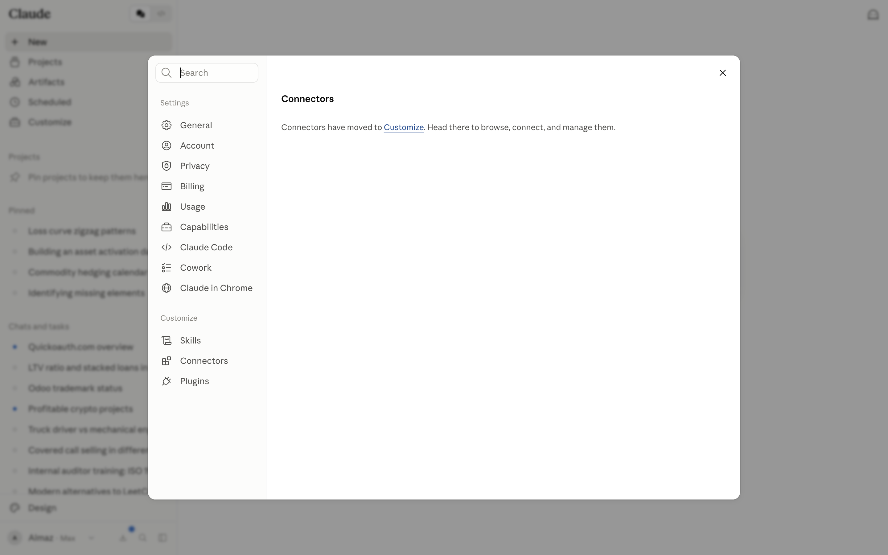 The Settings → Connectors page now says connectors moved to Customize