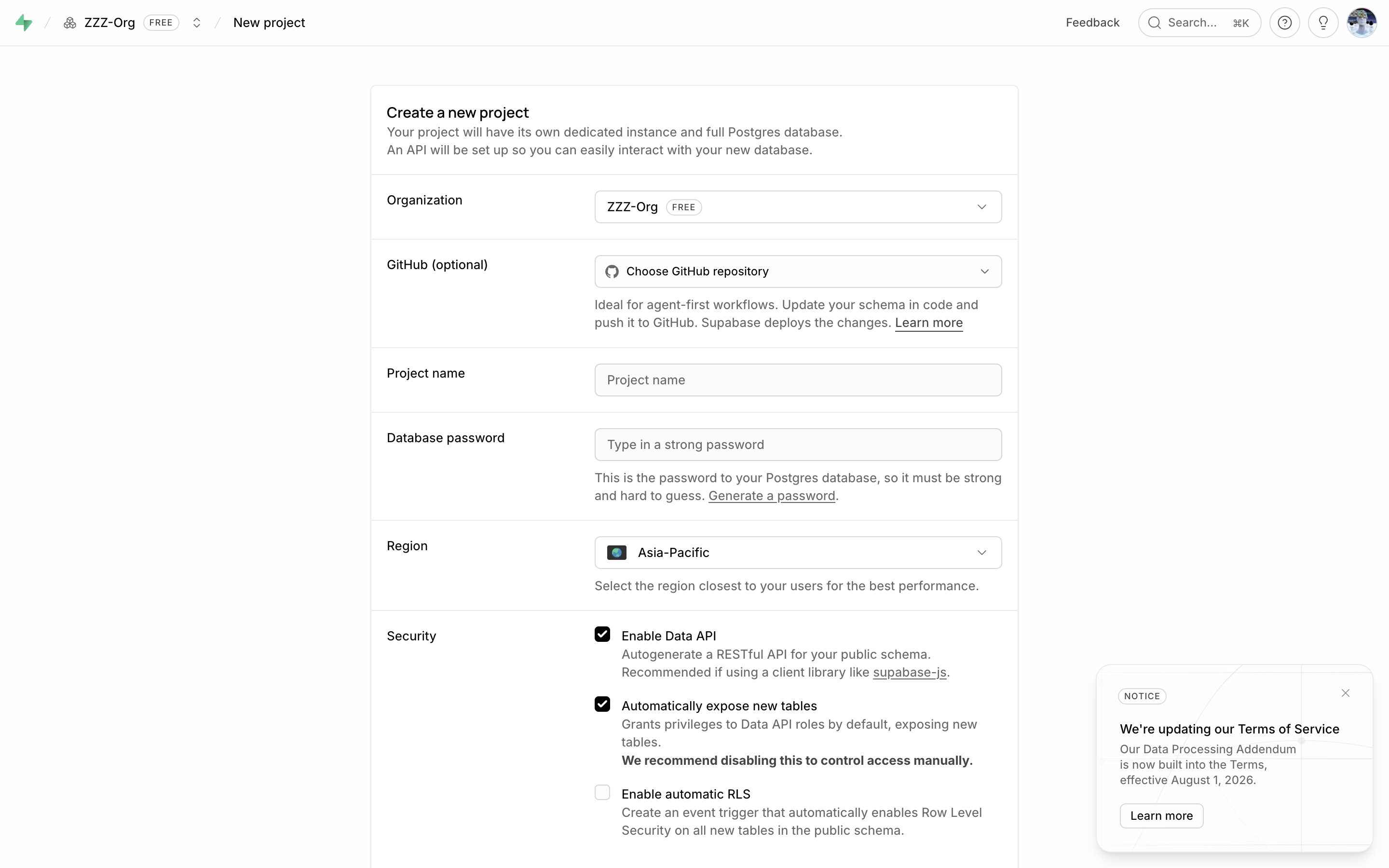 New project form